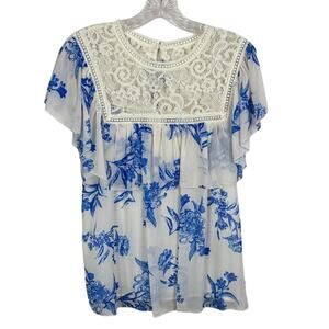 NWT Champagne & Strawberry Blue White Floral Lace Blouse Women's Small Boho
